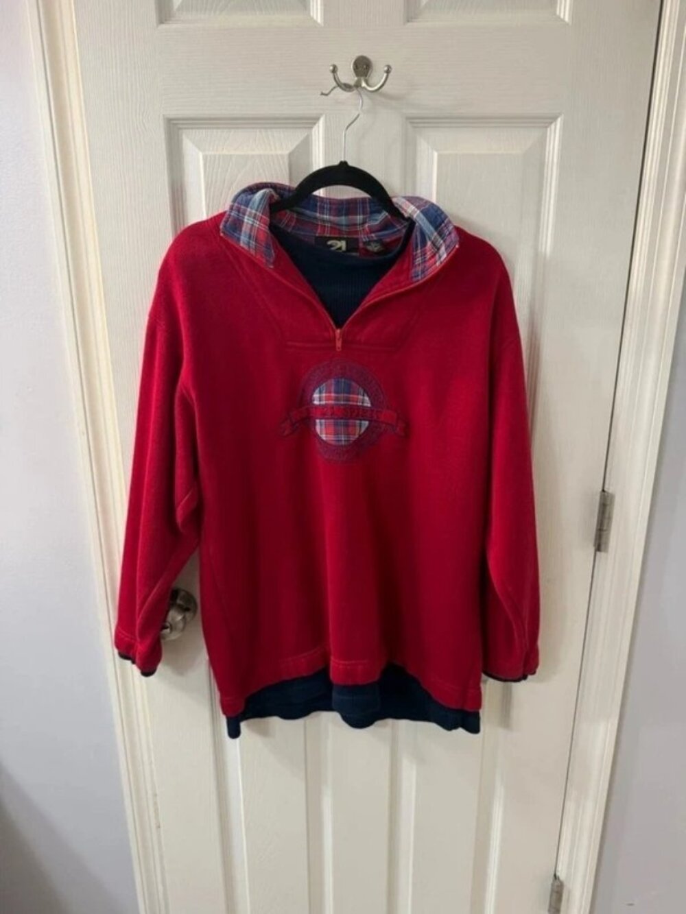 Vintage 90s Red Plaid Trim Fleece Pullover — Women’s L / US 12–14